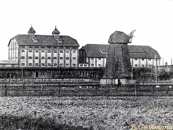 Genossenschaftsmühle in Grimmen - Ansicht mit Windmühle Stein 1924